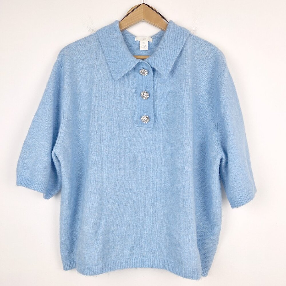 Wool Blend Henley Sweater Size L. Sky Blue Oversized Rhinestone Button City H&M